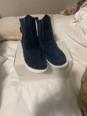 Blue Leather Moccasin with Patterned Insoles.